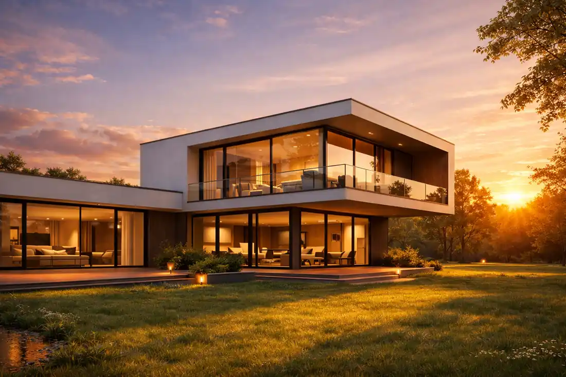 Photorealistic 3D landscape render of a modern backyard with pool and patio lighting.